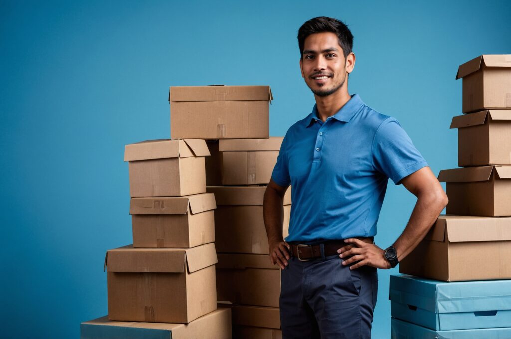 delivery man with pile boxes against blue background