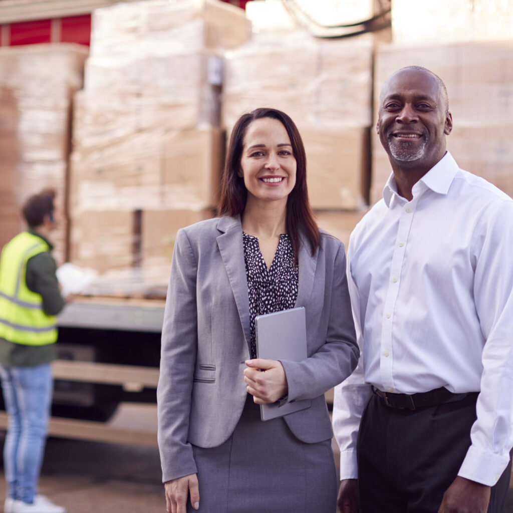 portrait of multi cultural freight haulage team standing by truck being loaded by fork lift