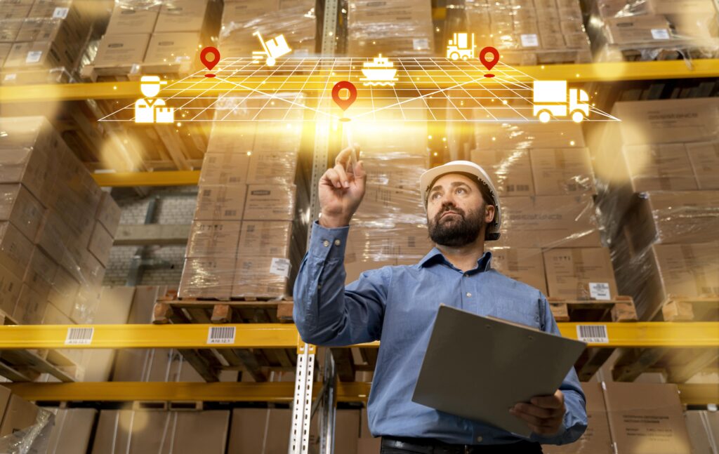 man holding clipboard with hologram collage