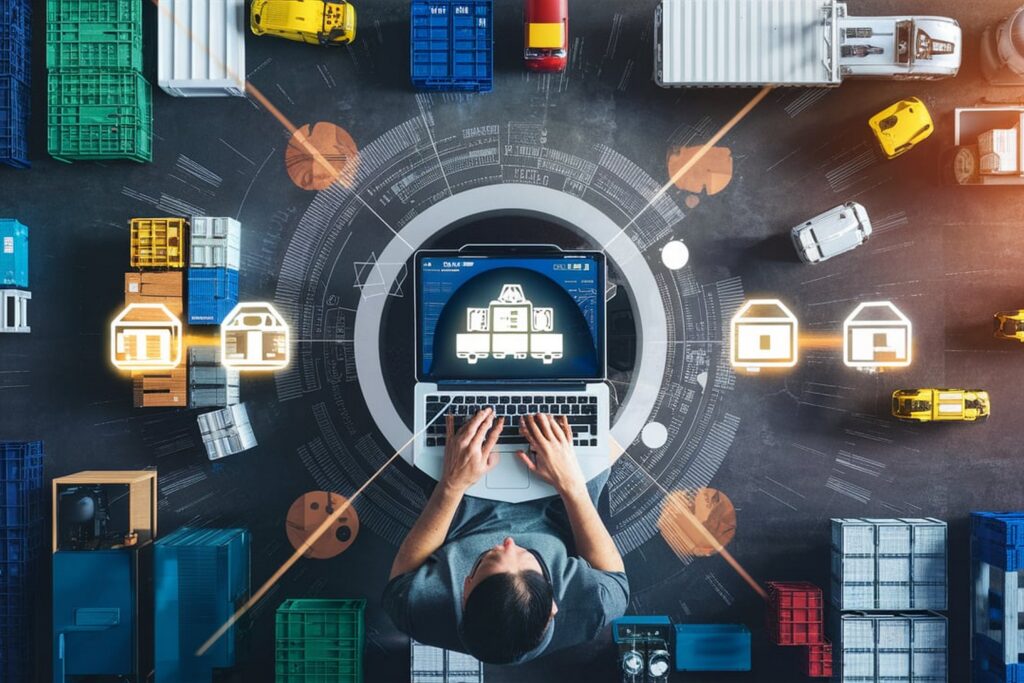 man is working laptop with word screen scm supply chain management concept