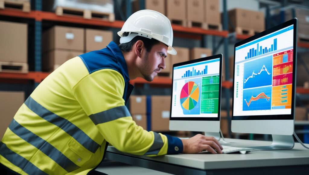 man yellow hard hat sits computer with graph graph it