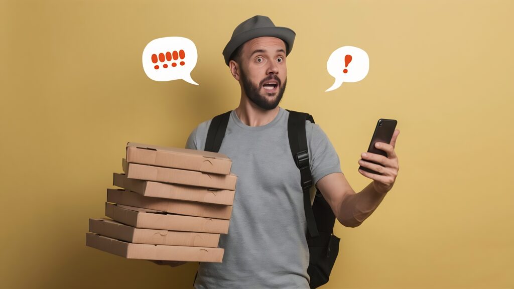 amazed deliveryman receives orders from customers via smartphone holds pile cardboard pizza box