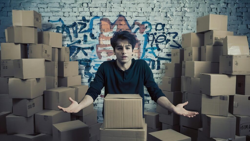 confused young man looking piles cardboard boxes against white brick wall