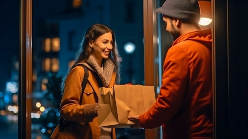 delivery assistance. female consumer with dark hair collecting g