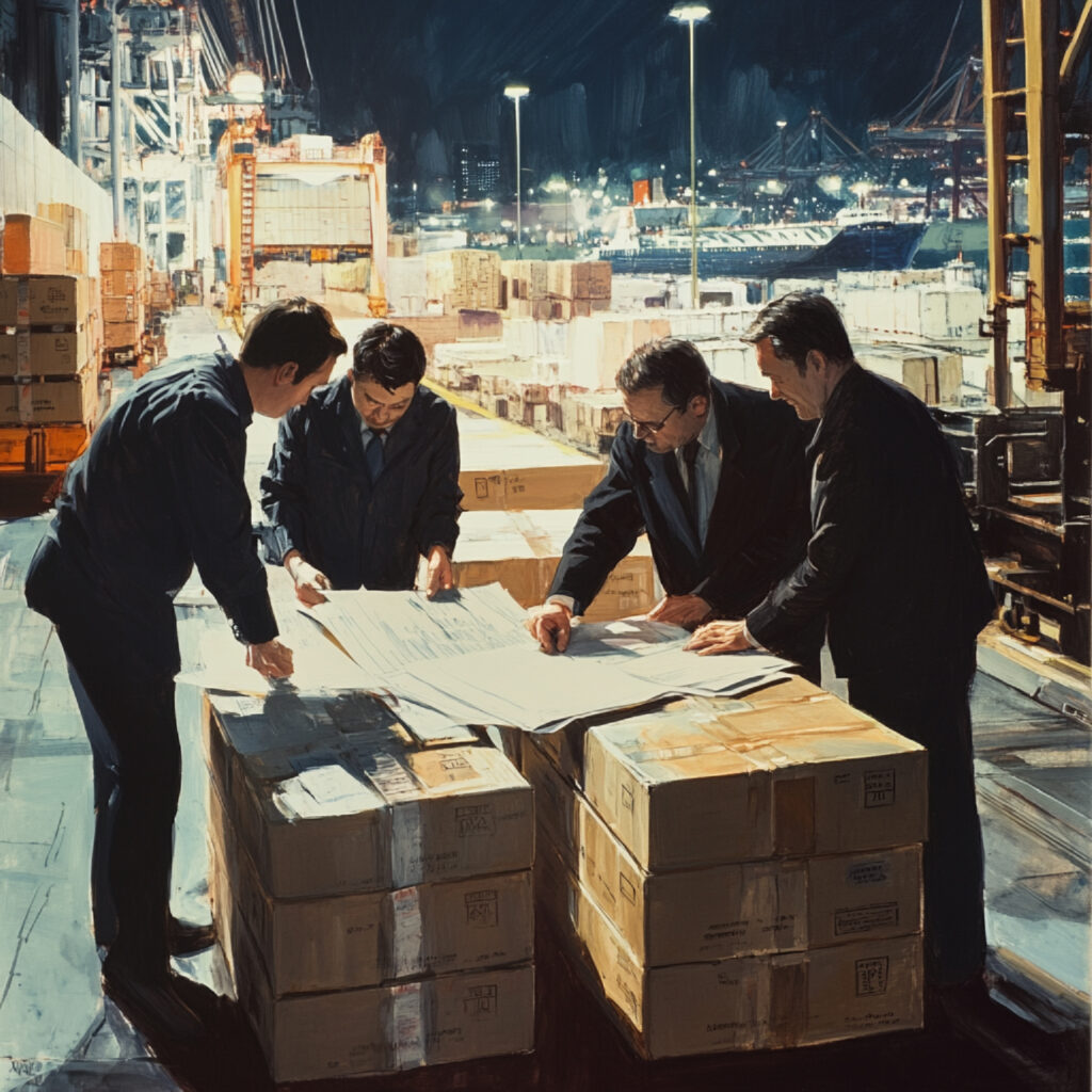 logistics team preparing submitting customs paperwork large shipment